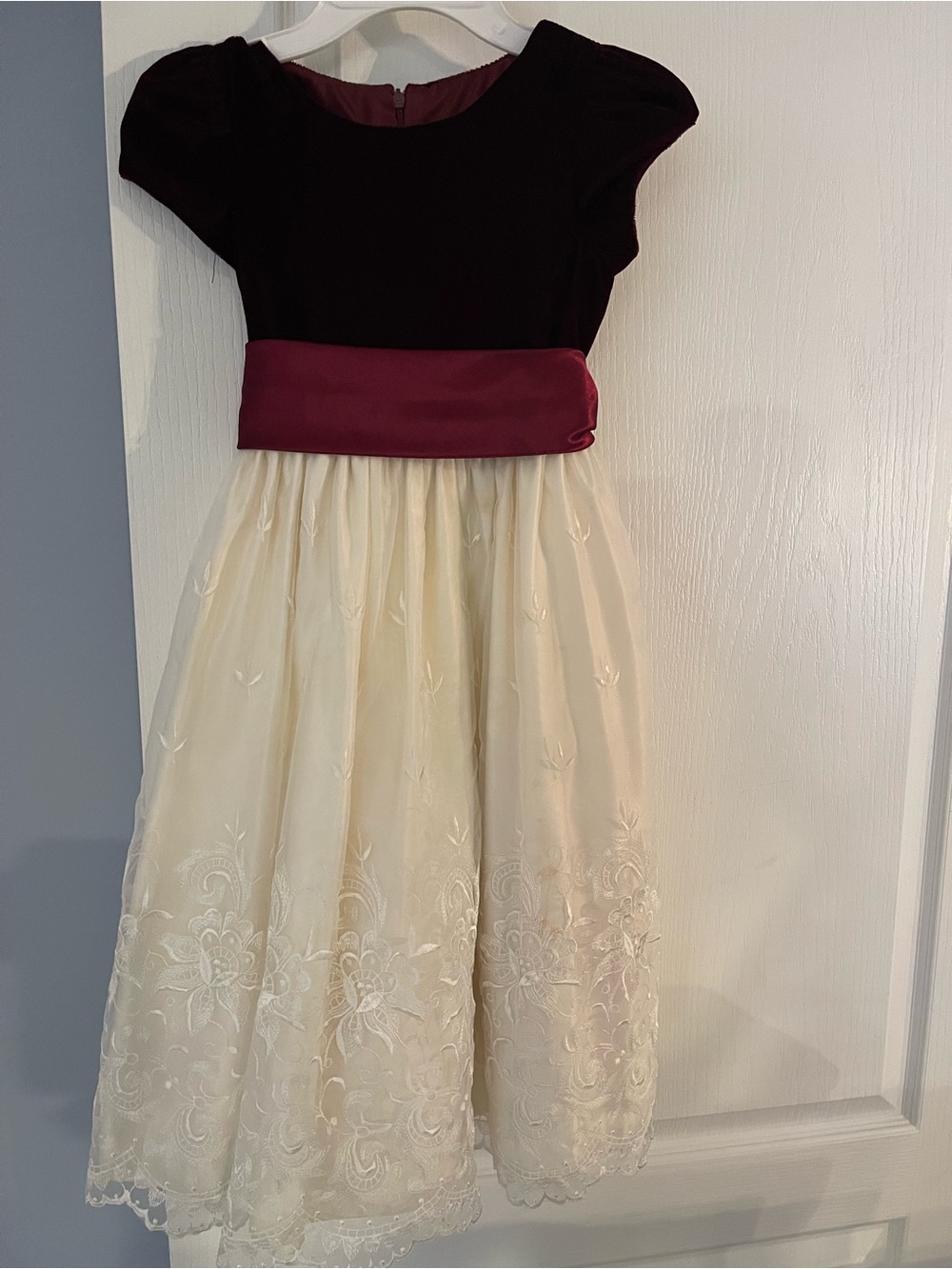 Girls' cinderella holiday Burgundy and Ivory Party velvet Dress with Satin Sash